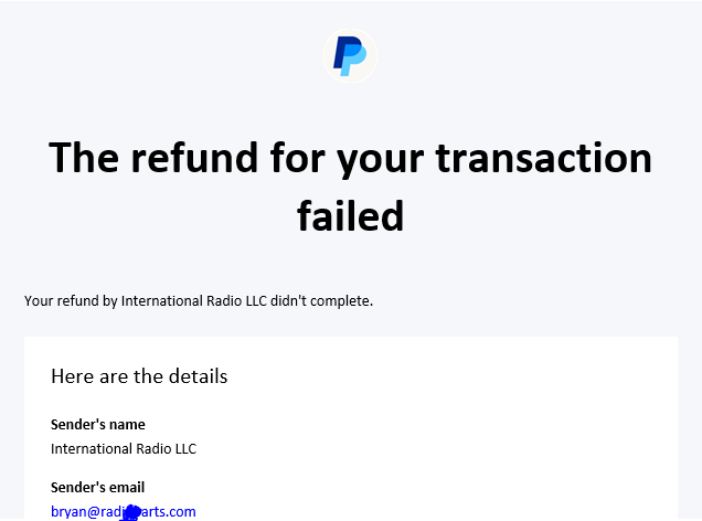 PayPal screenshot showing a refund tied to International Radio LLC that was later canceled because the sender did not have enough funds in the account